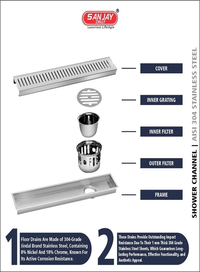 SANJAY CHILLY Classic Shower Drain Channel with Collar Floor Drain Jali Water Drainer Stainless Steel 304 Grade with Cockroach Trap (Side Hole 12x4 INCH) - Image 3